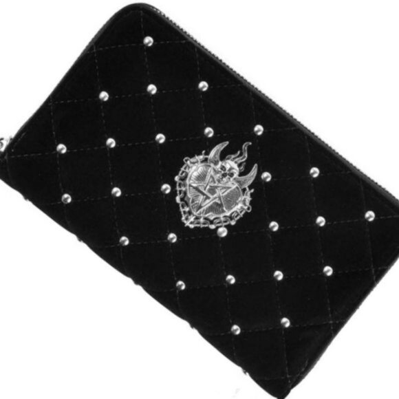 Killstar ✦ Unsacred Heart Velvet Wallet ✦ Black Studded Zip Clutch Deadstock NWT - Picture 2 of 5